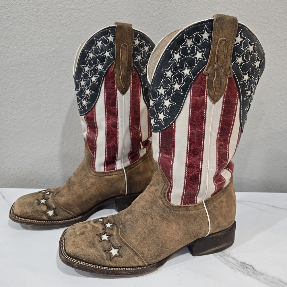 J.B. Dillon Mens American Flag Cowboy Boots Square Toe Sz 9EE Distressed Leather